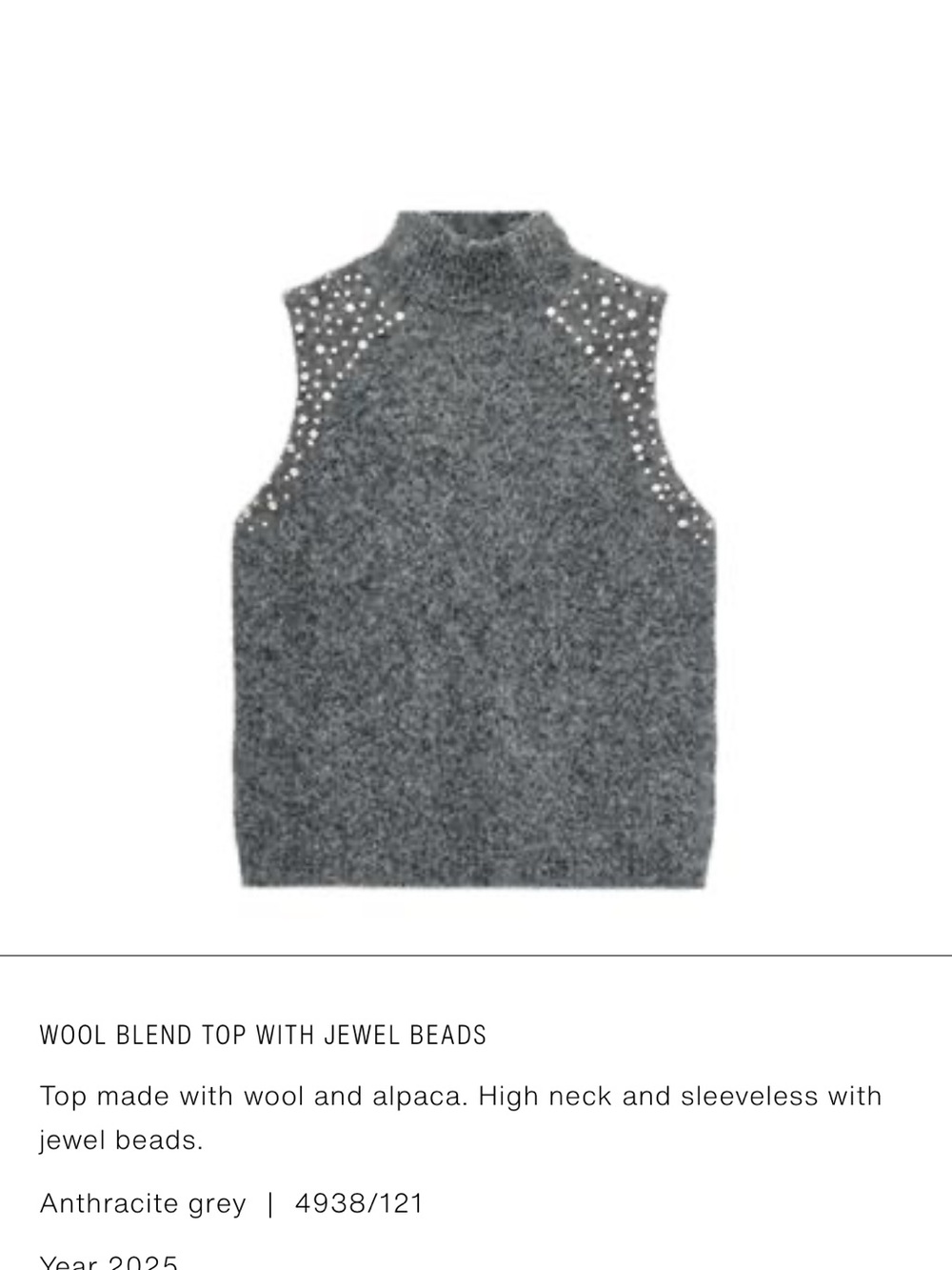 Zara Anthracite Grey Sleeveless High-Neck Wool-Blend Top with Jewel Beads